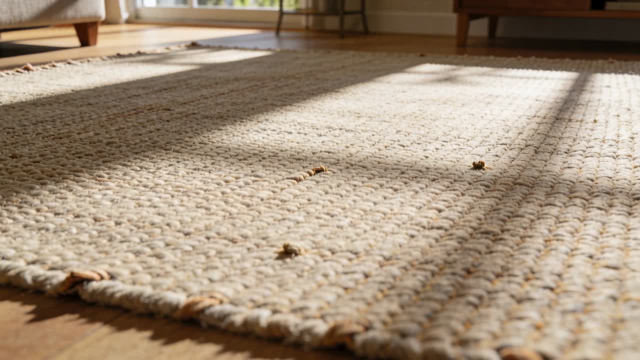 Videocamera che sposta il fuoco su un tappeto intrecciato beige, rivelando pellet marroni e ombre di finestre