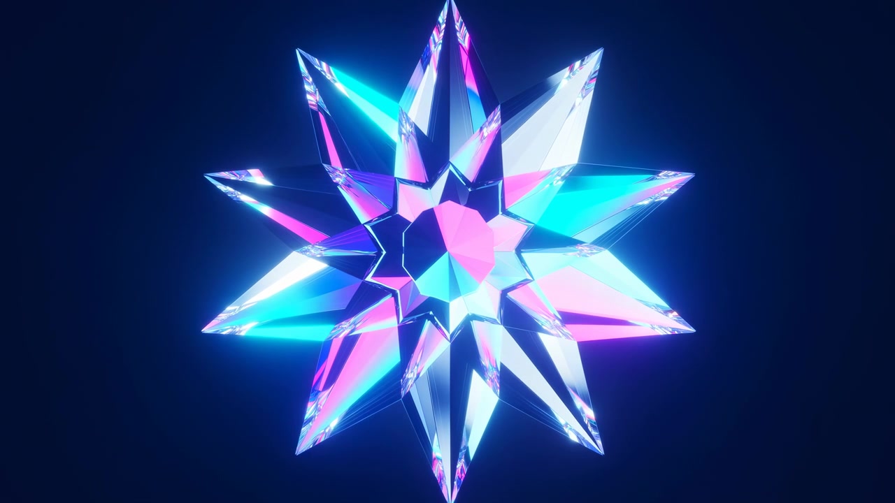 Close-up of a multifaceted star-shaped crystal sculpture centered against a deep navy background. Sharp pointed spikes radiate from a geometric core