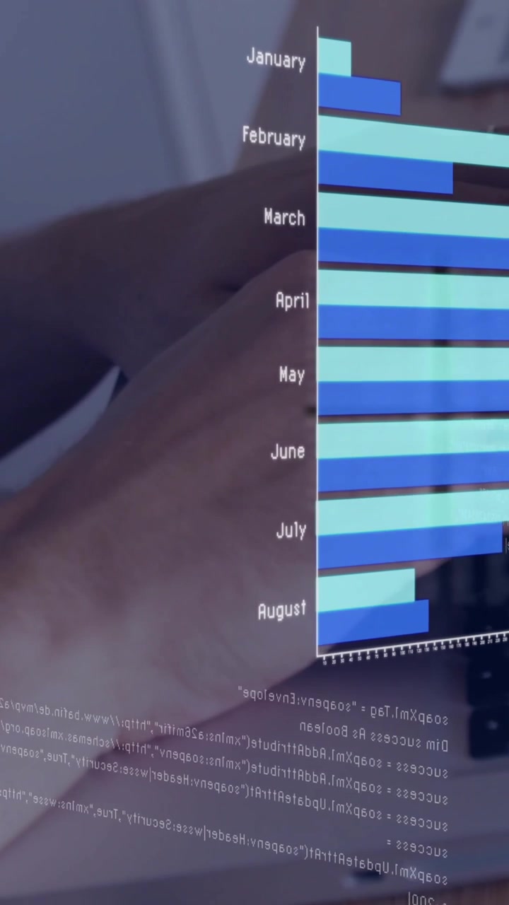 Vertical video: Man typing PC sparking charts over hands turning peaks to bars for business insight