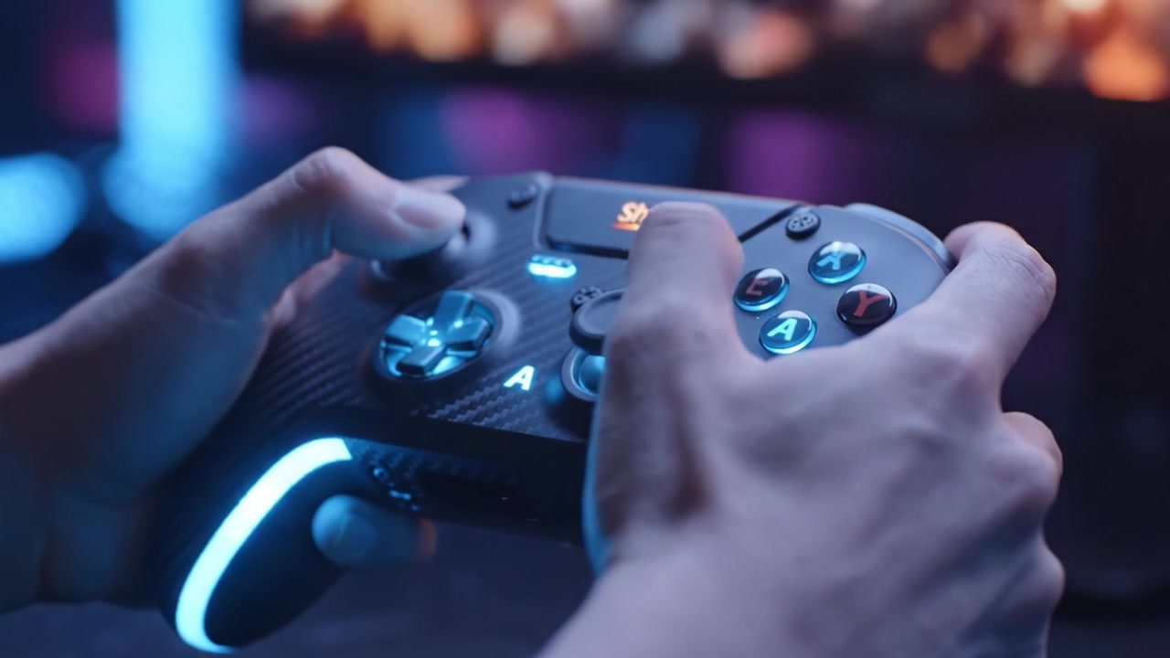 An Intense Gaming Session: Capturing the Passion and Precision of Gamers with a Modern Game Controller in Action