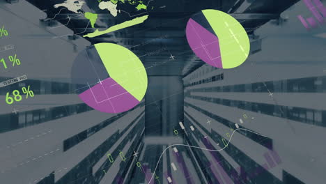 pie charts and data analytics animation over server racks in data center