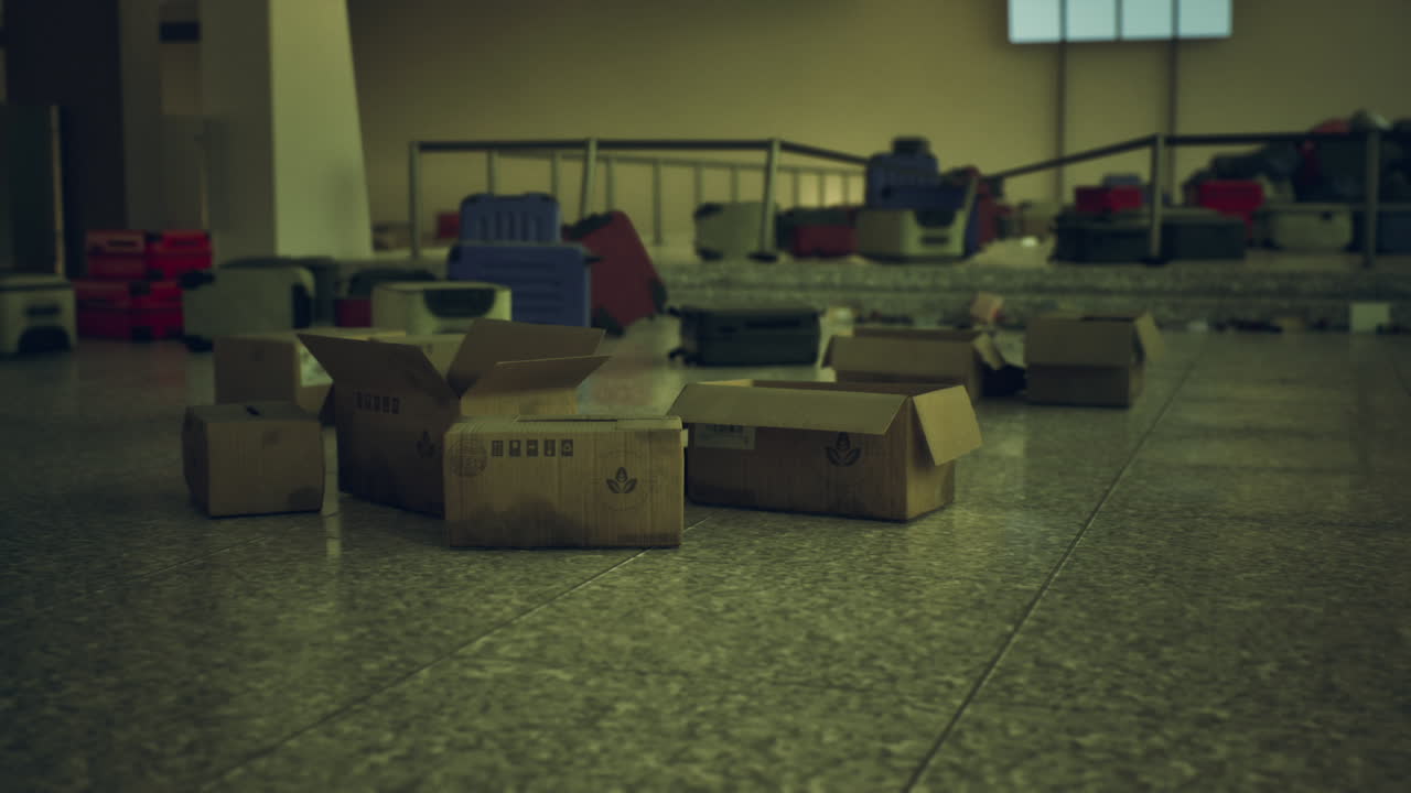 Abandoned airport terminal with scattered luggage and empty delivery boxes