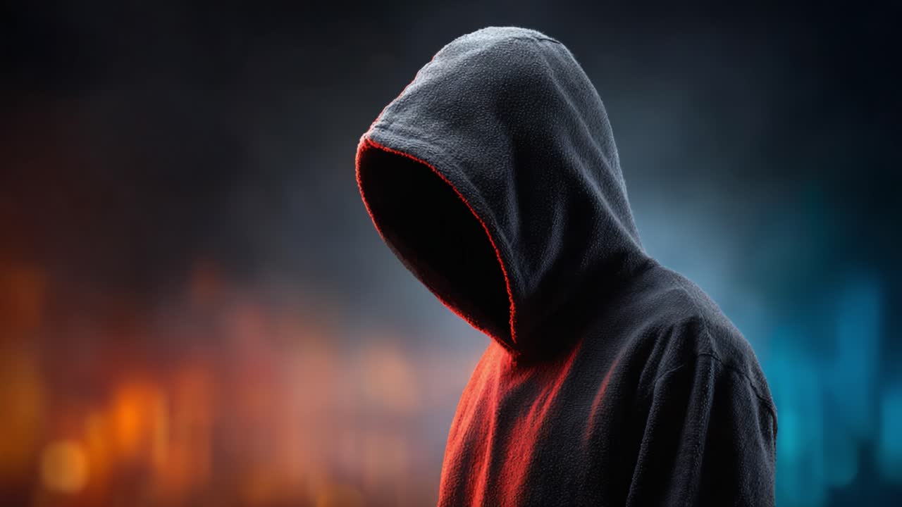 A mysterious figure cloaked in shadow stands against an ethereal backdrop, evoking an atmosphere of intrigue and suspense in a dramatic setting filled with contrasting colors