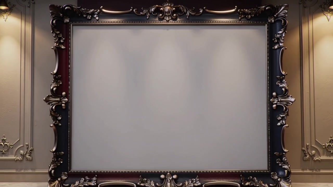 Kamera se oddaluje a odhaluje zdobený zlacený rám a prázdné plátno na stěně galerie s nástěnnými svítidly.