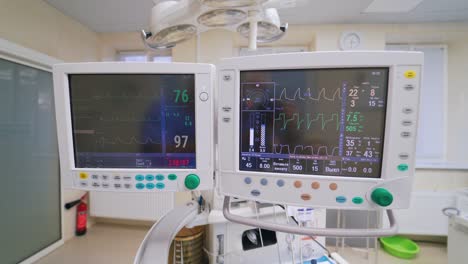 special monitors showing heart rate and pulse. electrocardiogram on a display. graphics of electrical activity of patient's heart beat on two modern monitors.