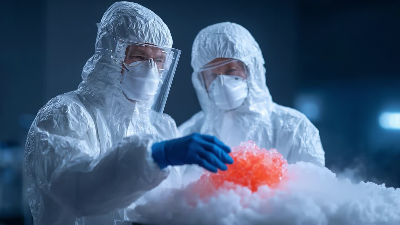 Scientists in Protective Gear Conducting Experiments with Colorful Foam in Laboratory Environment, Emphasizing Safety and Precision in Research Processes