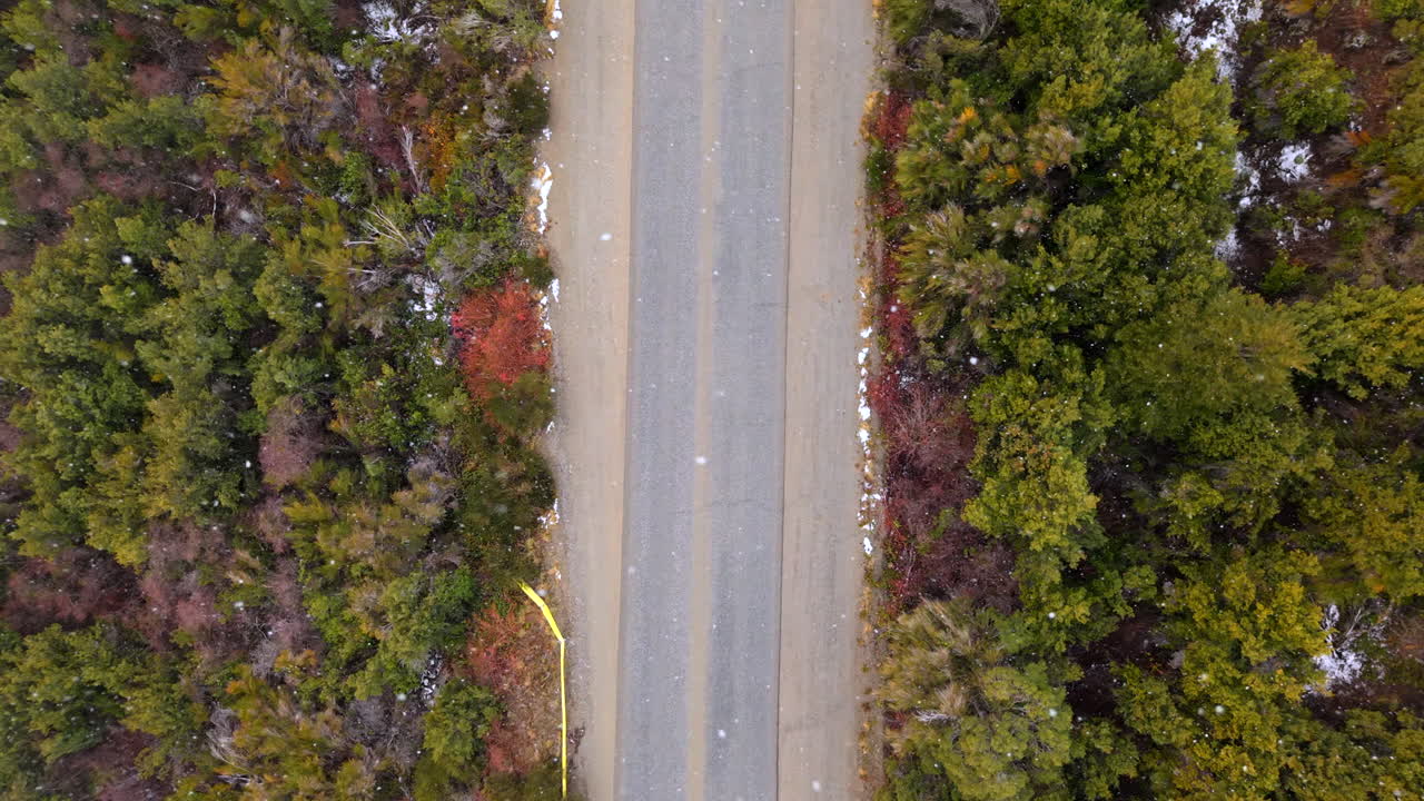 Snowy mountain road on Route 40 during heavy blizzard in Bariloche, Argentina
