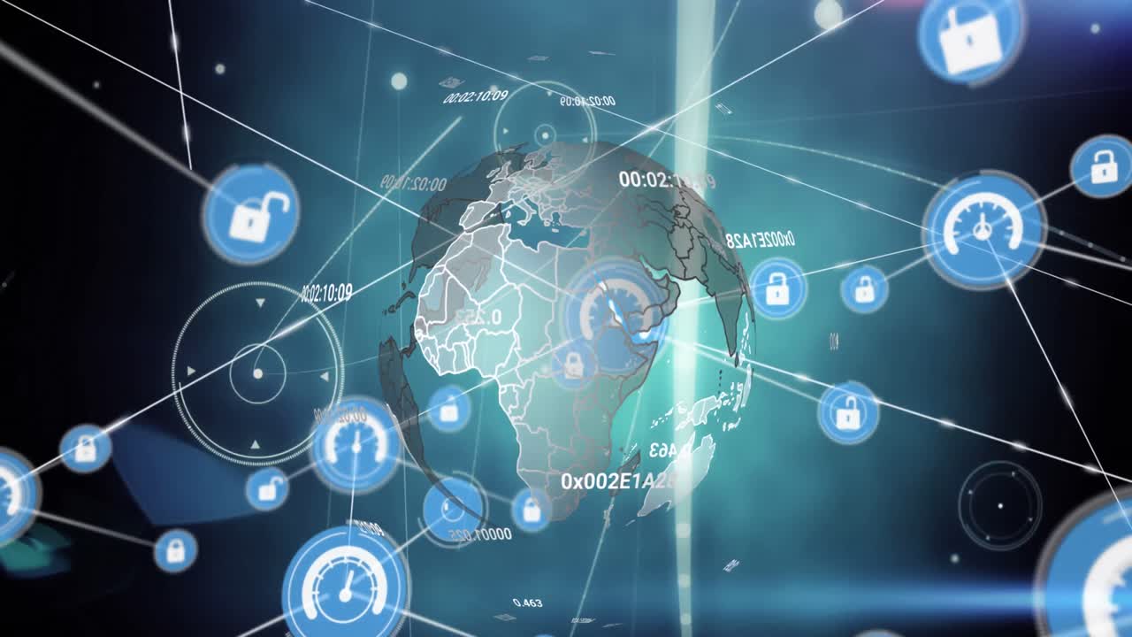 회전하는 지구와 검은 바탕에 파란 빛의 점 위에 디지털 아이콘 네트워크의 애니메이션