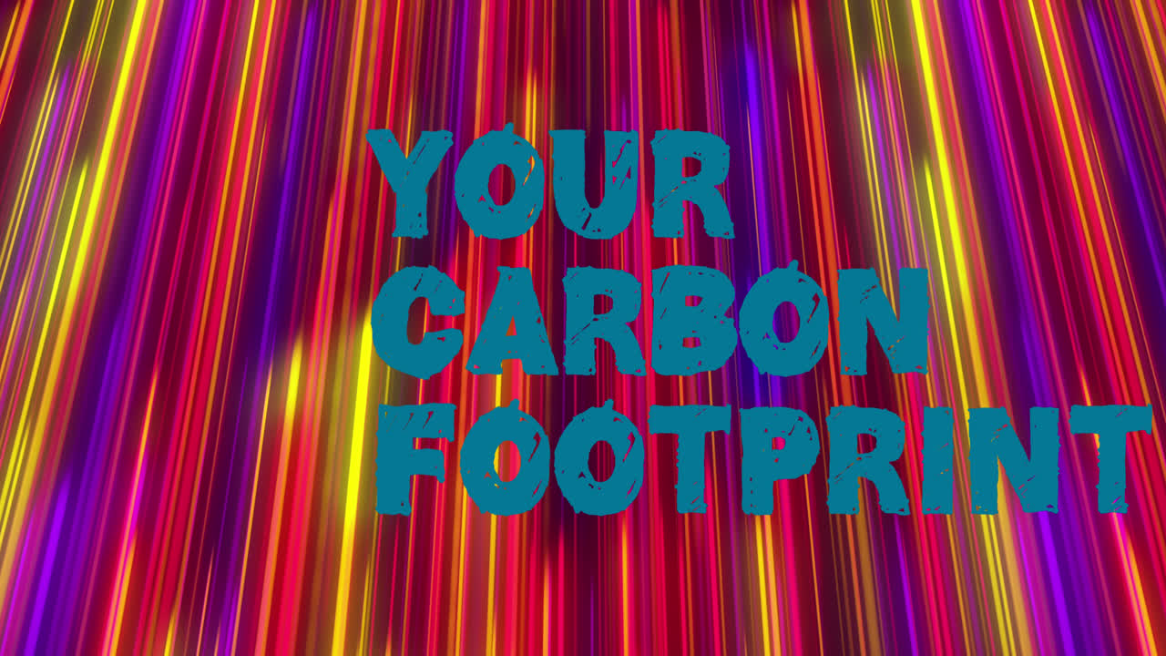 검은색 바탕에 있는 다채로운 트레일 위에 탄소 발자국 텍스트의 애니메이션