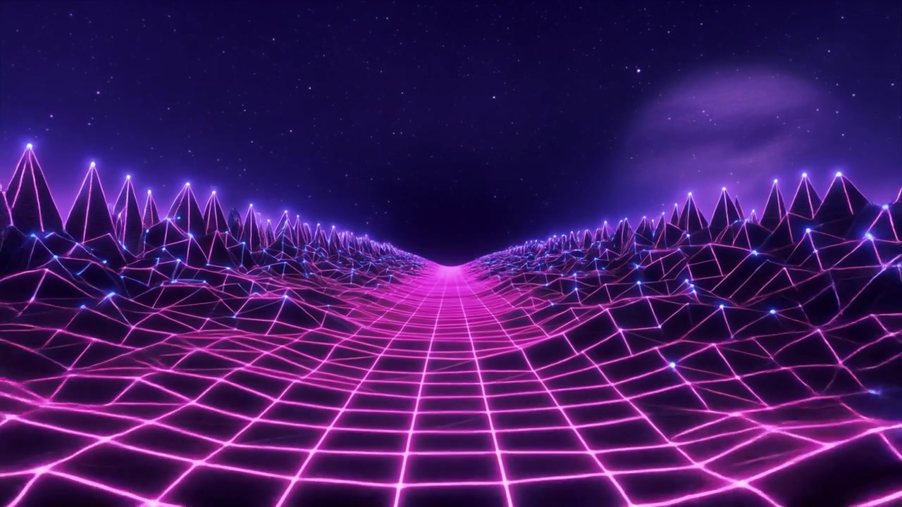 Paesaggio Digitale in Stile Retro Synthwave con Griglia al Neon Luminosa