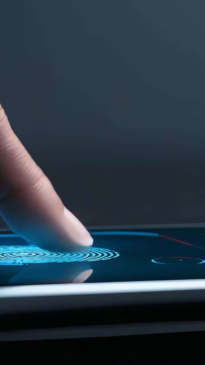 Vertical video: Glowing fingerprint icon causing finger scanning screen to unlock phone, copy space