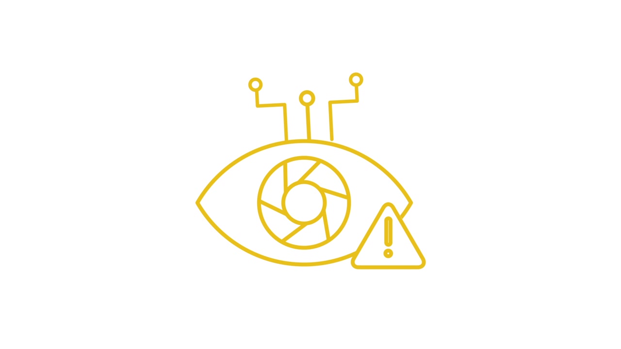 Animated Eye Icon with Camera Aperture and Warning Symbol