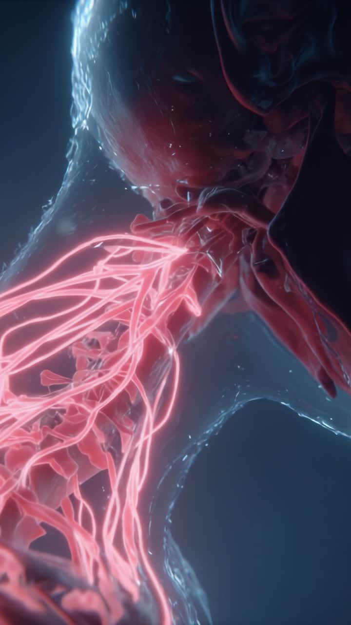 Una exploración detallada de las intrincadas venas y la estructura vascular dentro del cuello humano, resaltando las características luminiscentes del sistema circulatorio