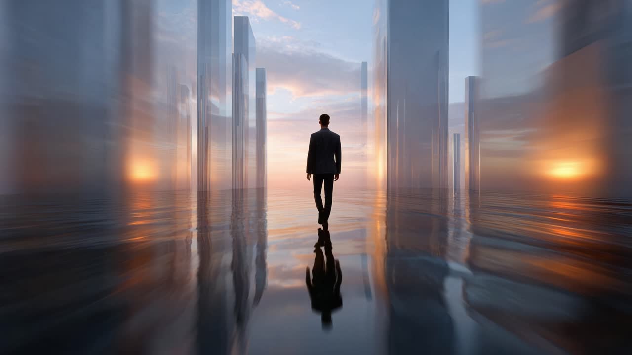 A solitary figure walks through a surreal landscape of reflective skyscrapers and serene waters, evoking feelings of introspection and exploration at sunset