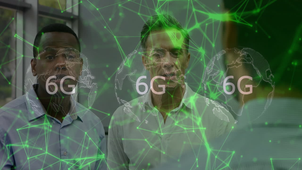 In office, two men discussing 6G network with digital connections animation overlay