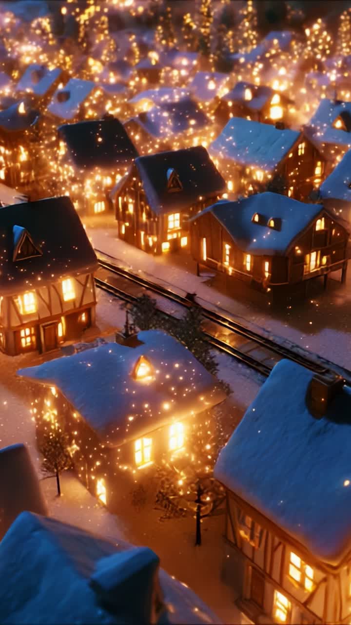 A Enchanting Winter Wonderland: A Majestic Display of Twinkling Lights and Snow-Covered Houses in a Magical Village Scene Captured from Above During the Festive Season