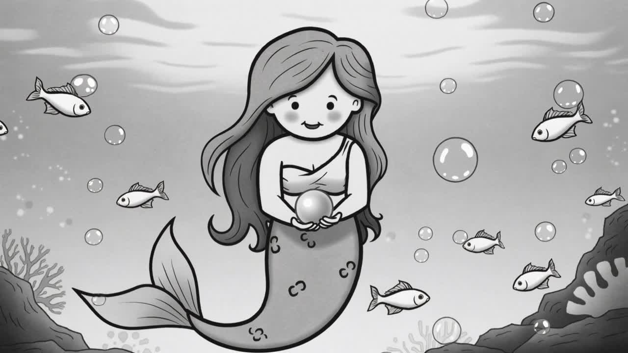 Sirena con top avvolgente e coda squamosa, che tiene una perla vicino alla barriera corallina, con una corrente delicata che muove i pesci.