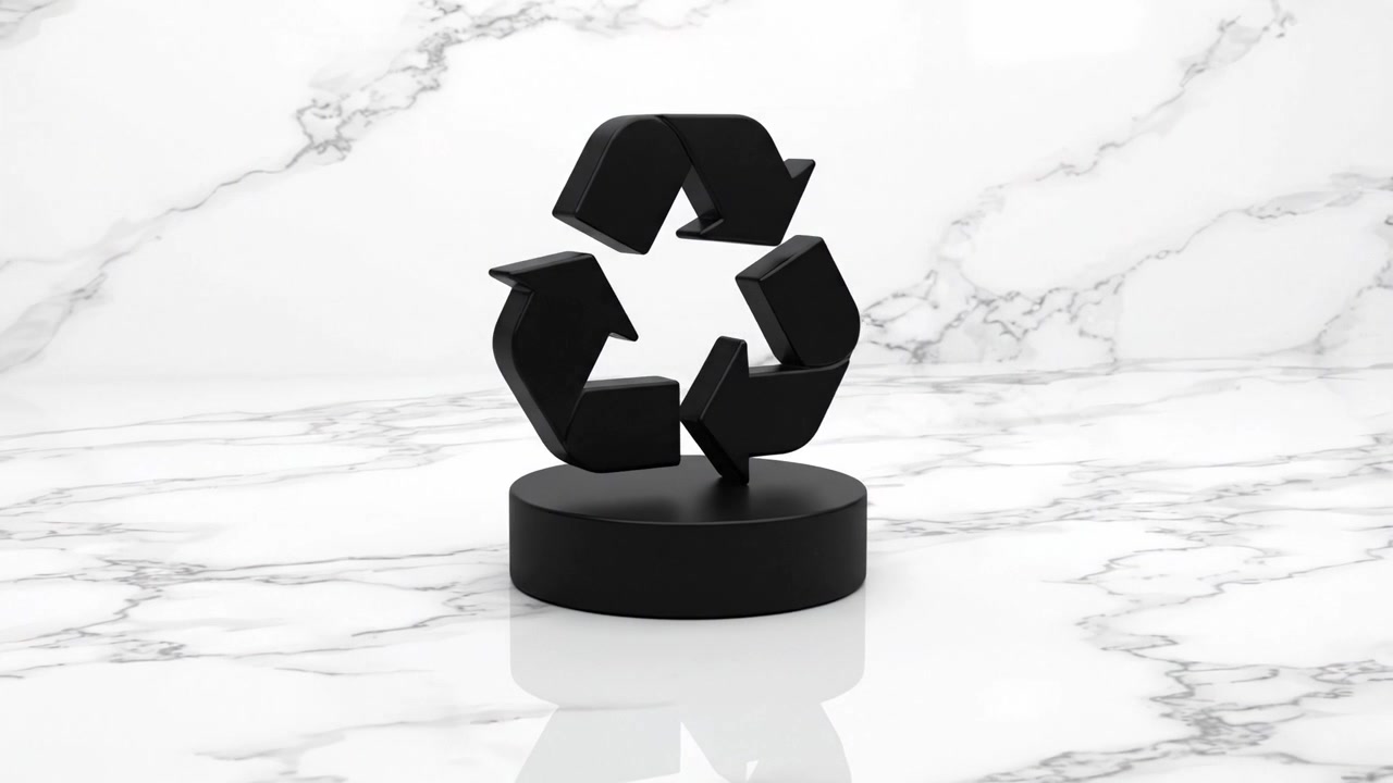 Elegante simbolo nero del riciclo su superficie di marmo che mostra innovazione e impegno per la sostenibilità e la responsabilità ambientale nel design moderno.