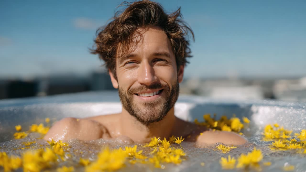 Un uomo si rilassa in una vasca idromassaggio rilassante piena di fiori gialli galleggianti, godendosi un momento di tranquillità e felicità sullo sfondo di un cielo azzurro limpido.