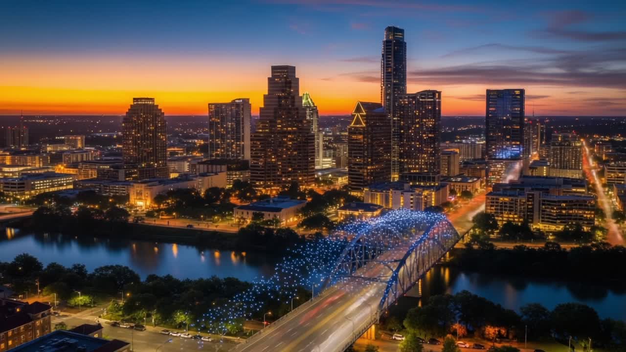 Stunning Evening Skyline View with Illuminated Bridge Strikingly Showcasing Urban Life and Dynamic Cityscape under Twilight Skies