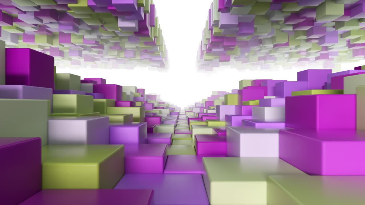 túnel geométrico abstracto hecho de cubos rosados amarillos con movimiento aleatorio. bucle sin costuras 3d render