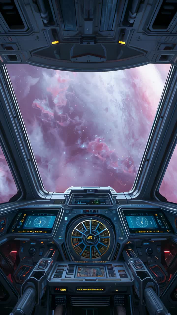 Vertical video: Shifting camera revealing ship cockpit showing helm and pink nebula via viewport