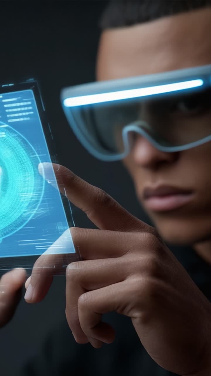 Un individuo futuristico interagisce con un display olografico, mostrando tecnologia avanzata e interfacce virtuali in un moderno ambiente digitale.