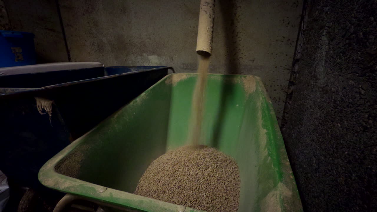 Pelletised animal food, green wheelbarrow container, farm feed storage