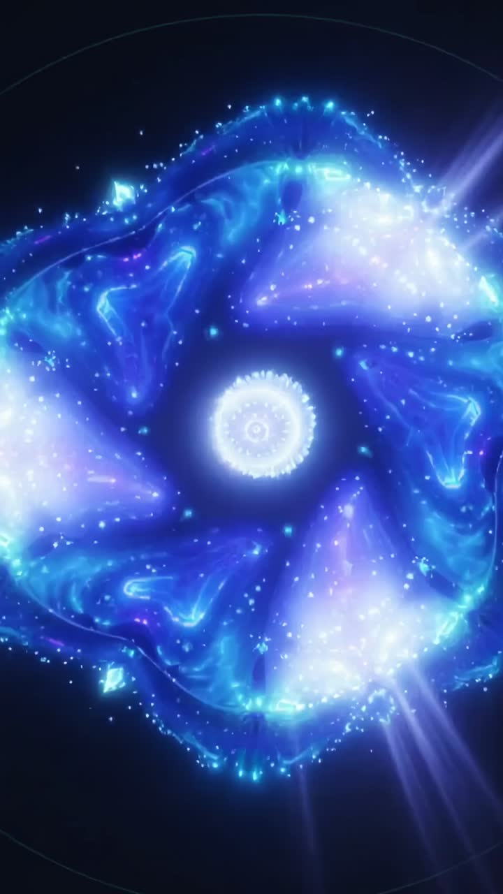 Vertical video: Appearing central glowing ring pulsing, fragmenting into orbs and rotating in void