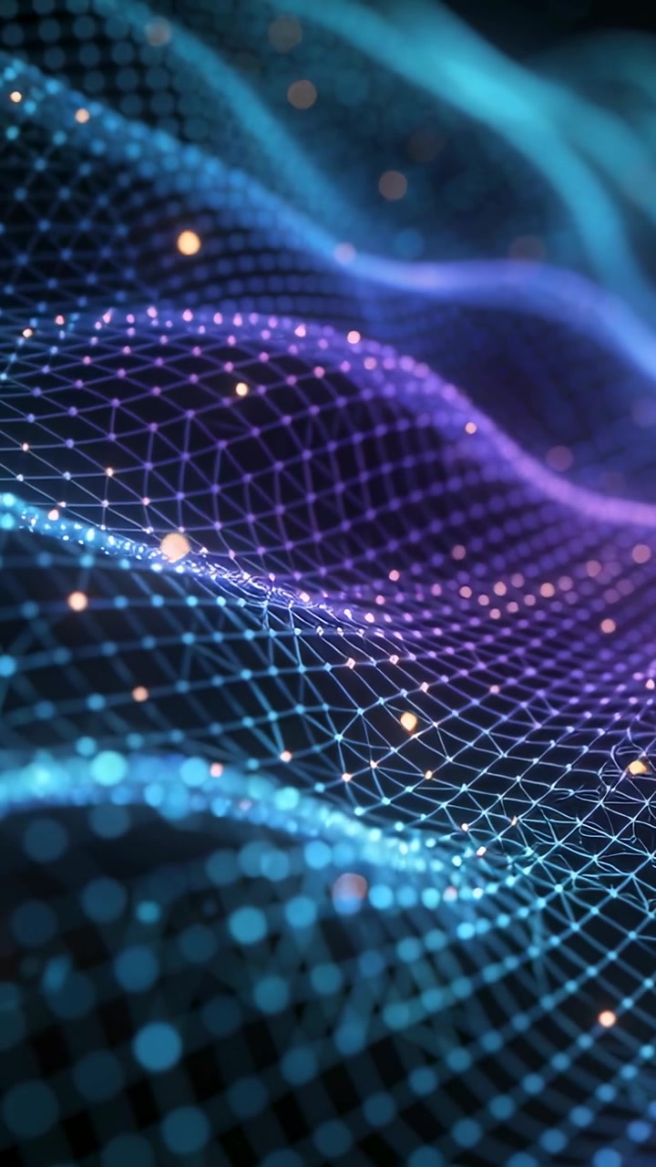Vertical video: Sending waves front driving 3D wire mesh rippling in abstract space, glowing nodes