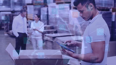 composición de almacén hombre trabajando en un almacén combinado con iconos animados