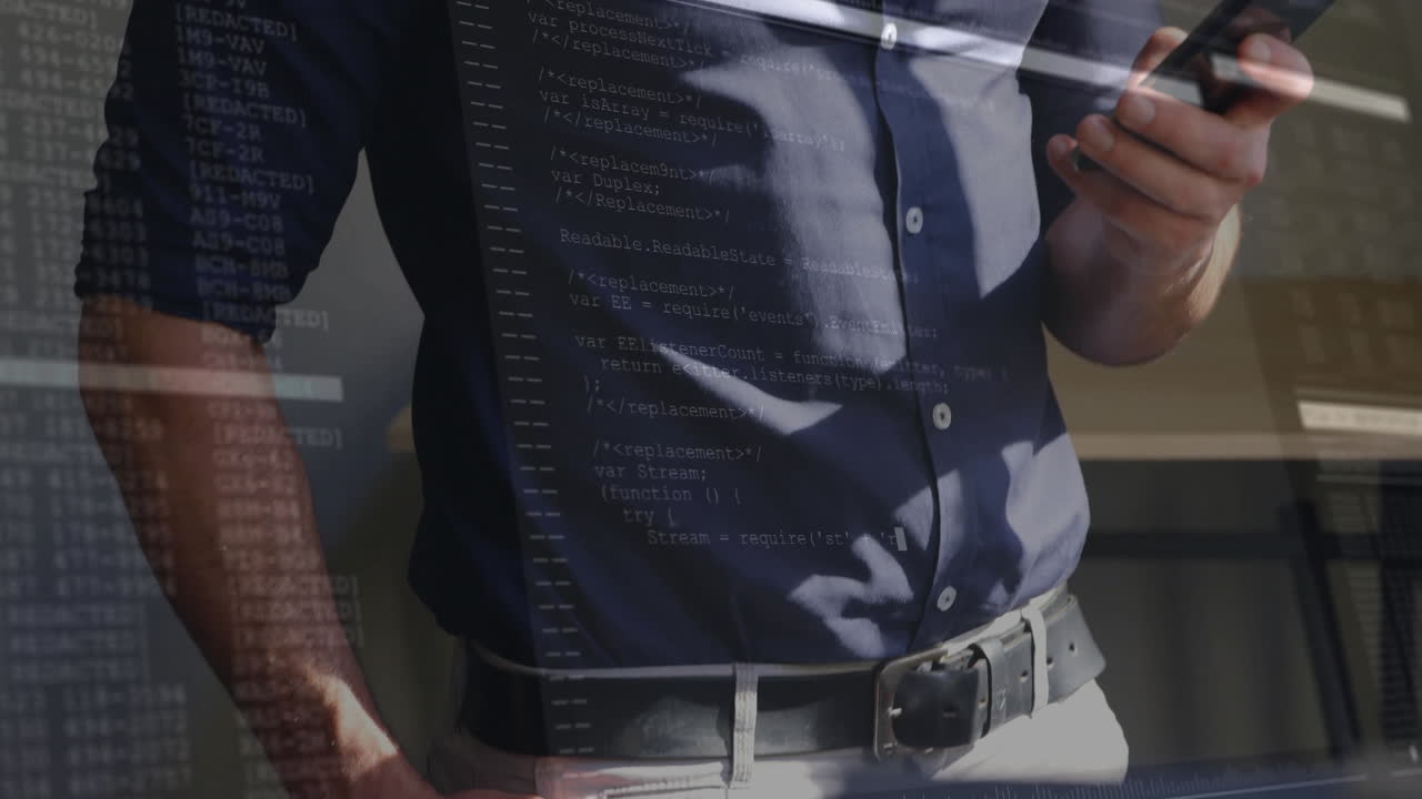 Holding smartphone with computer code overlay, person exploring animation in school