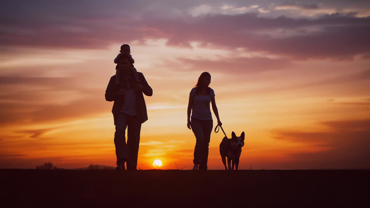 Walking family carrying child on shoulders moving toward camera at sunset, woman holding dog leash