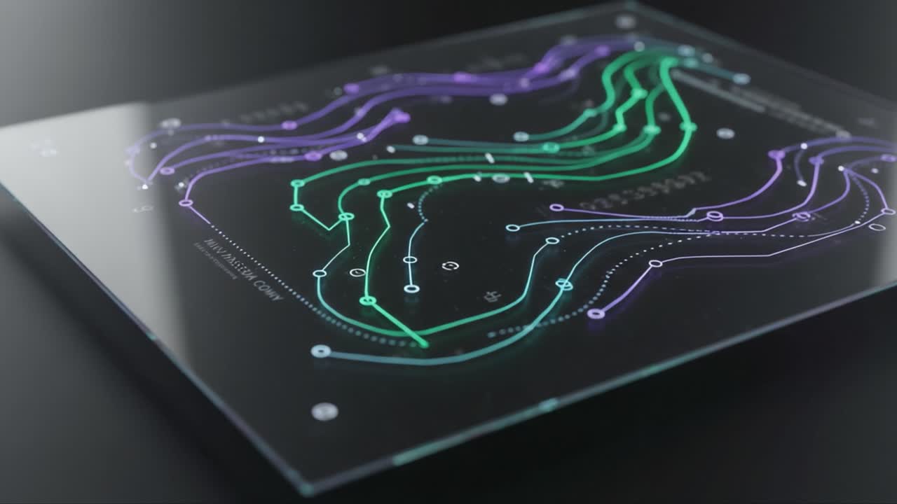 An Intricate Visualization of Data Patterns in Motion, Highlighting Trends and Analytical Metrics on a Transparent Surface