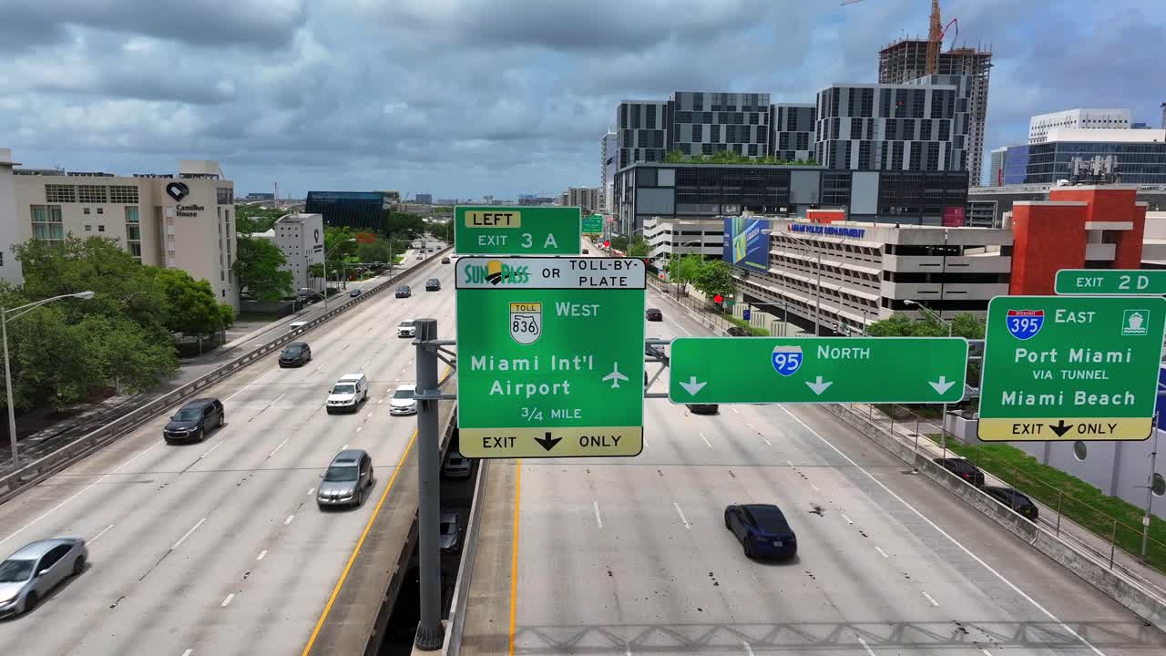 Interstate highway with road signs for Miami International Airport, Port Miami, and Miami Beach. Urban buildings and traffic in the background. Elevated view of busy roads. Aerial perspective.