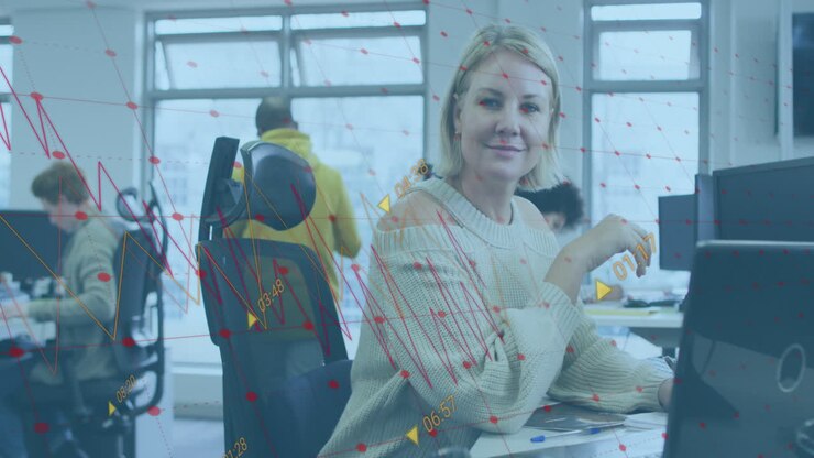 Animazione di elaborazione dati statistici su ritratto di donna caucasica che sorride in ufficio.