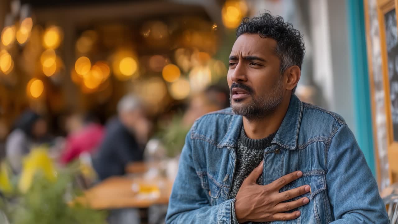 Un uomo prova un improvviso disagio, stringendosi il petto con un'espressione preoccupata, in un caffè illuminato delicatamente e con un'attività sfocata sullo sfondo che riflette un'atmosfera vivace.