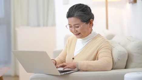 Una-Mujer-Mayor-Con-Gafas-Usa-Una-Computadora-Portátil-Para-Escribir-En-Un-Sofá-En-Una-Acogedora-Sala-De-Estar-Para-Comunicarse-Y-Entretenerse-En-Su-Vida-Hogareña.