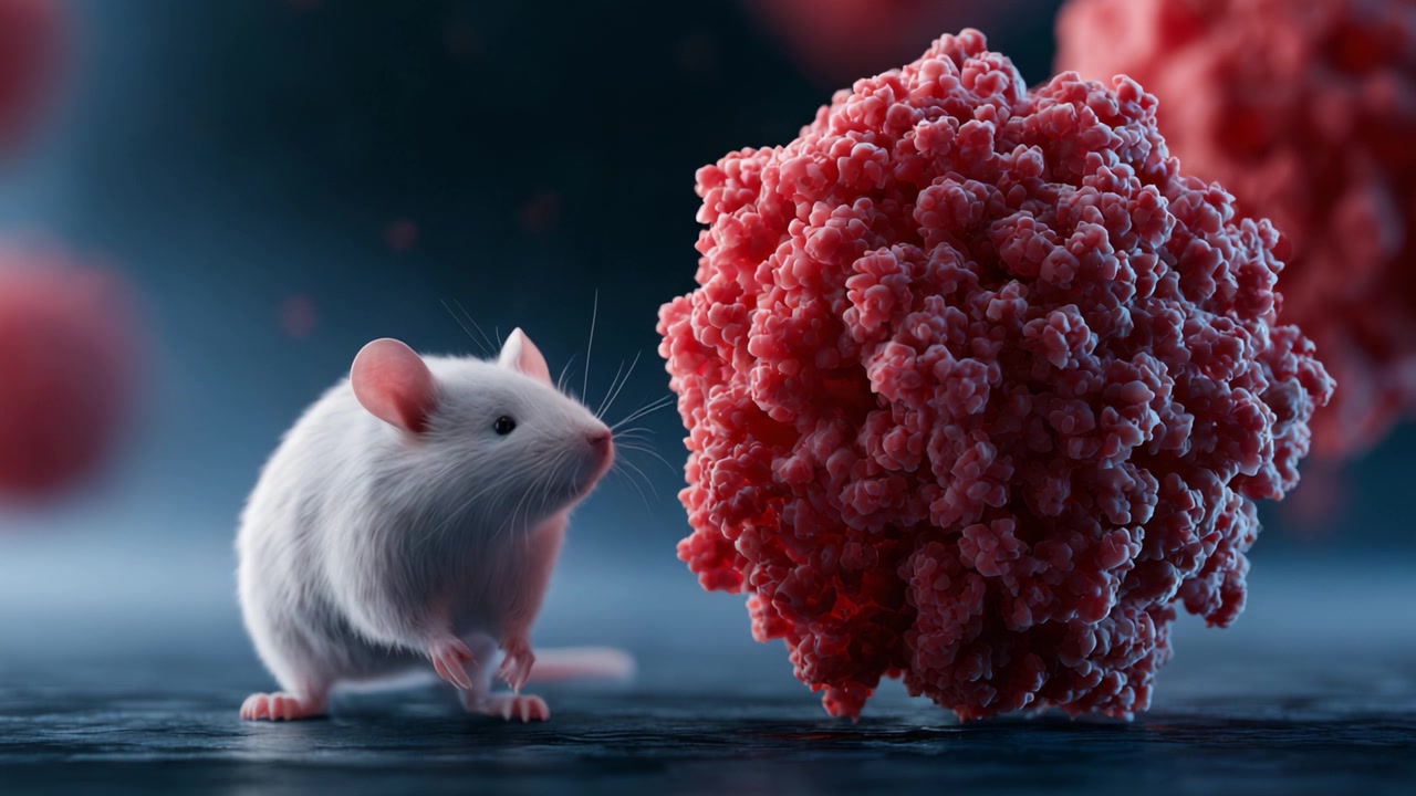 Un Incontro Accattivante: Un Topo da Laboratorio che Indaga una Vibrante Struttura Cellulare Rossa, Evidenziando l'Intersezione tra Biologia ed Espressione Artistica
