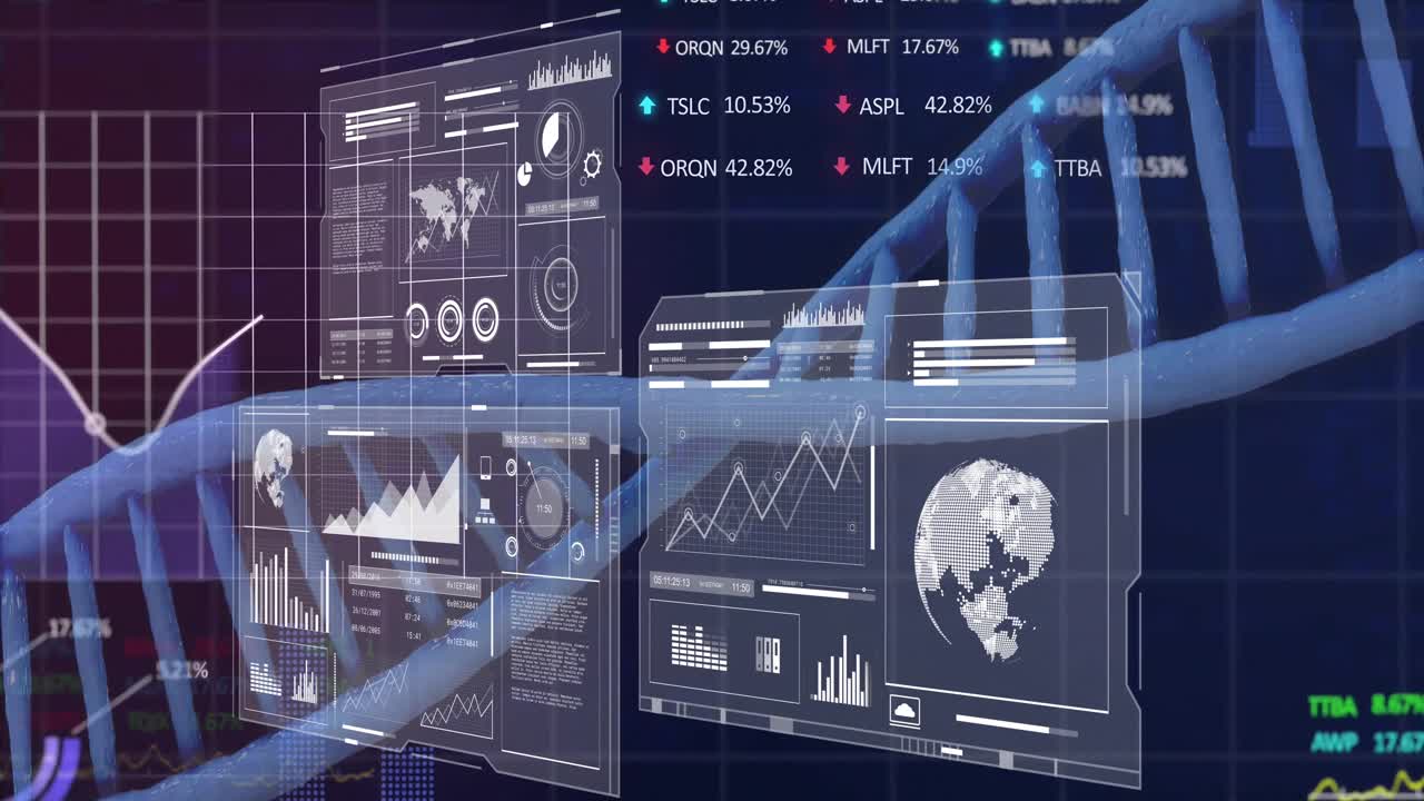 Animation of data processing over dna strand on black background