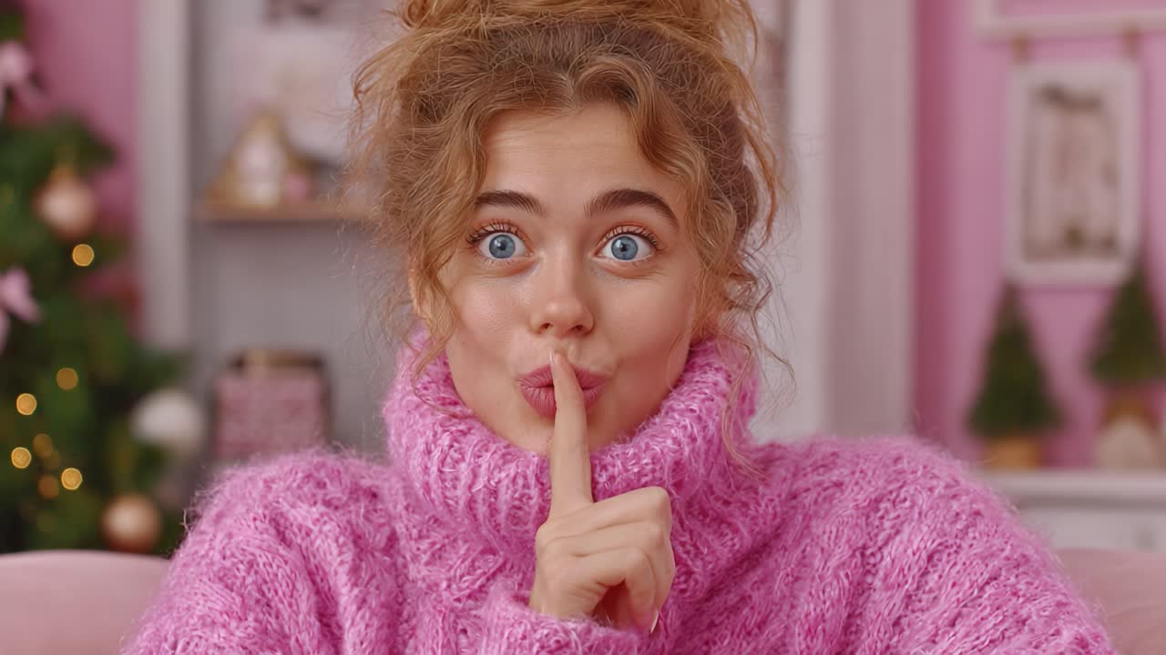 A young woman in a cozy pink sweater makes a playful shushing gesture, surrounded by a charming festive backdrop that adds warmth and cheer to the scene