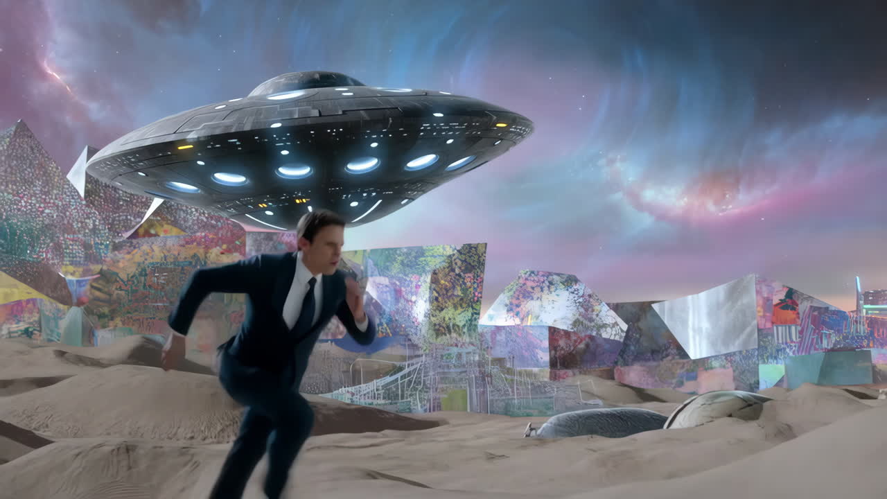 Man Running from a UFO in a Surreal Alien Landscape