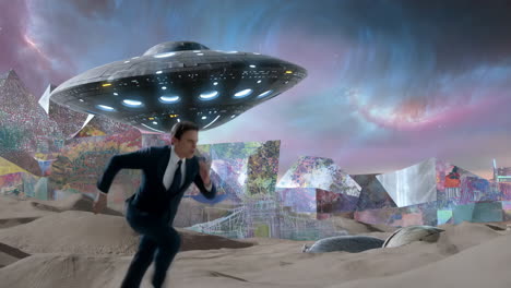 man running from a ufo in a surreal alien landscape