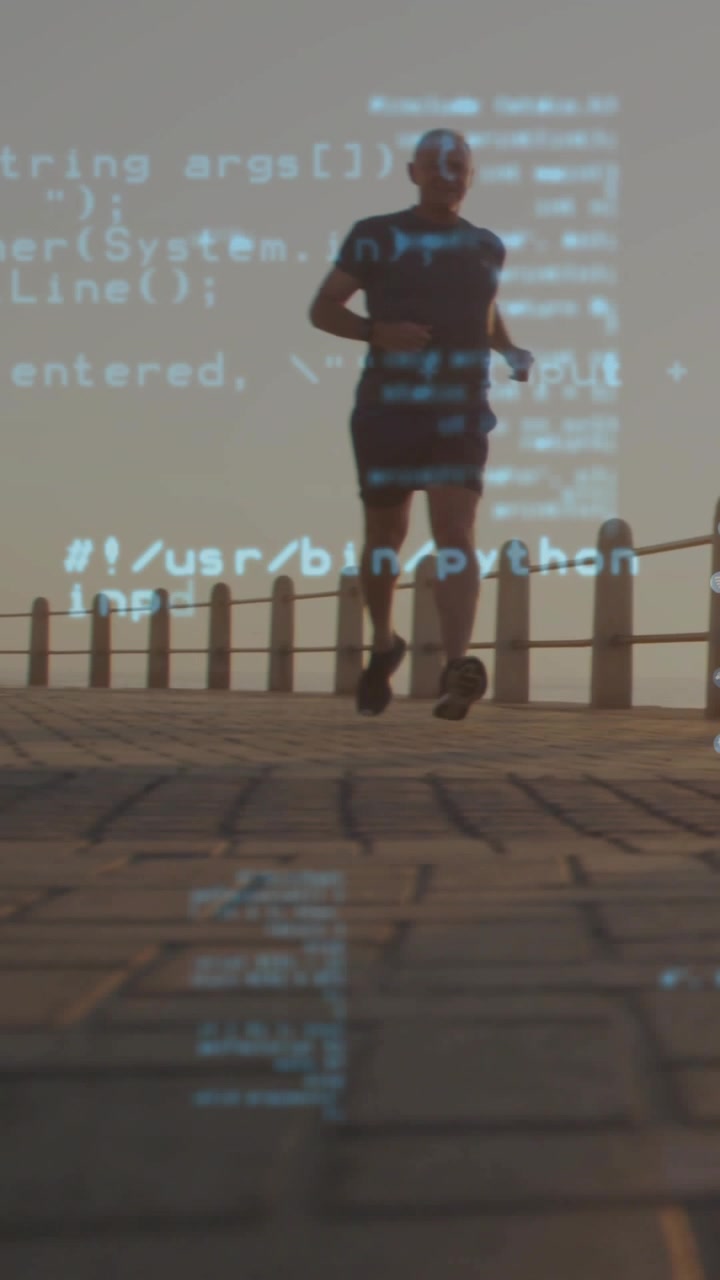 Vertical video: Senior runner closing to cam on coast, making blue code overlay scaling for fitness