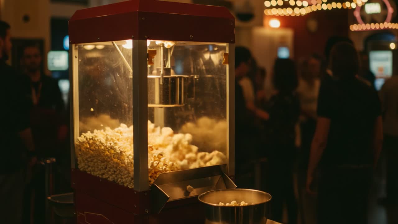 A Vibrant Popcorn Machine Dispensing Freshly Made Popcorn, Enveloping the Atmosphere with a Warm Glow and Creating a Delightful Cinéma Experience for Guests