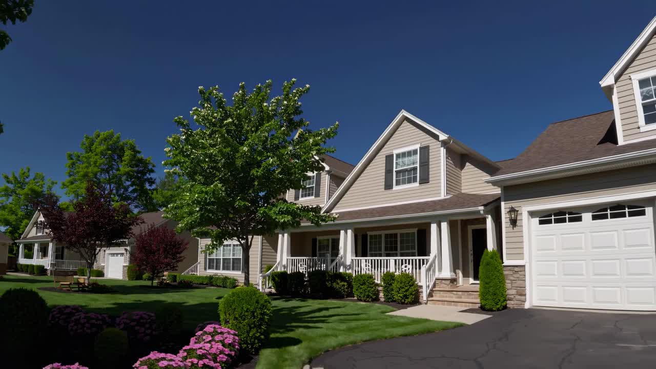 Wide-angle video shot of suburban homes with manicured lawns, vibrant greenery, and clear blue