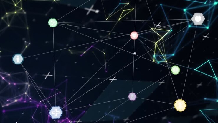 Animation of network of connections with icons over black background and shapes