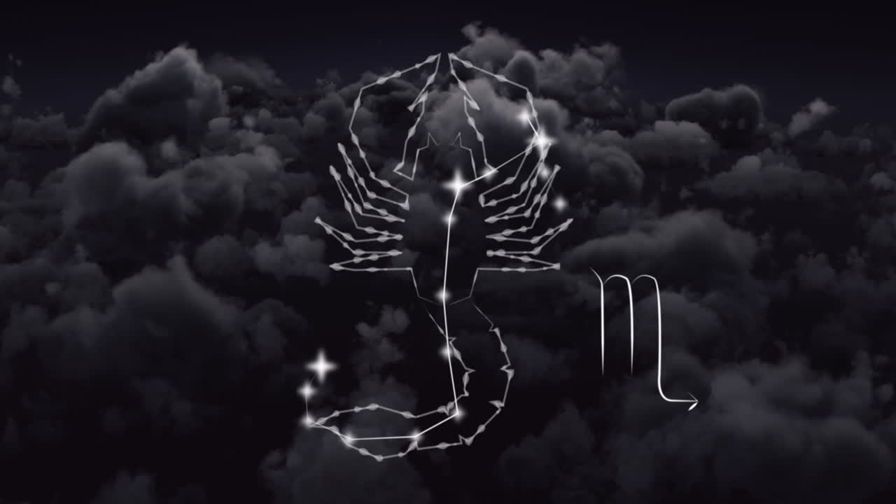 Animation vom Sternzeichen Skorpion über Wolken am Himmel im Hintergrund