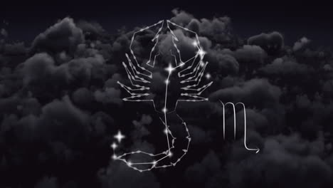 animation des skorpion-sternzeichens über wolken am himmel im hintergrund.