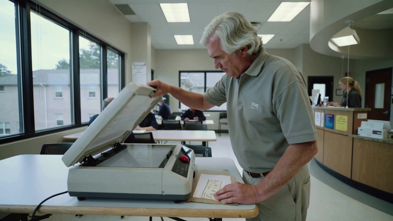 Senior Man Using Document Scanner in Office Setting